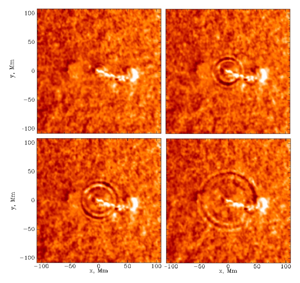 第一次日震是在 1996 年发现的，它展示了圆形波纹是如何出现在太阳表面的图片来源：SOHO/NASA