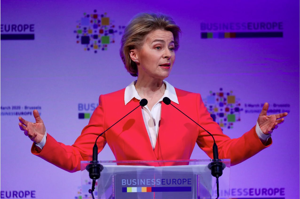 欧盟委员会主席乌苏拉·冯德莱恩于2020年3月5日在比利时布鲁塞尔举行的BusinessEurope会议上发表讲话。