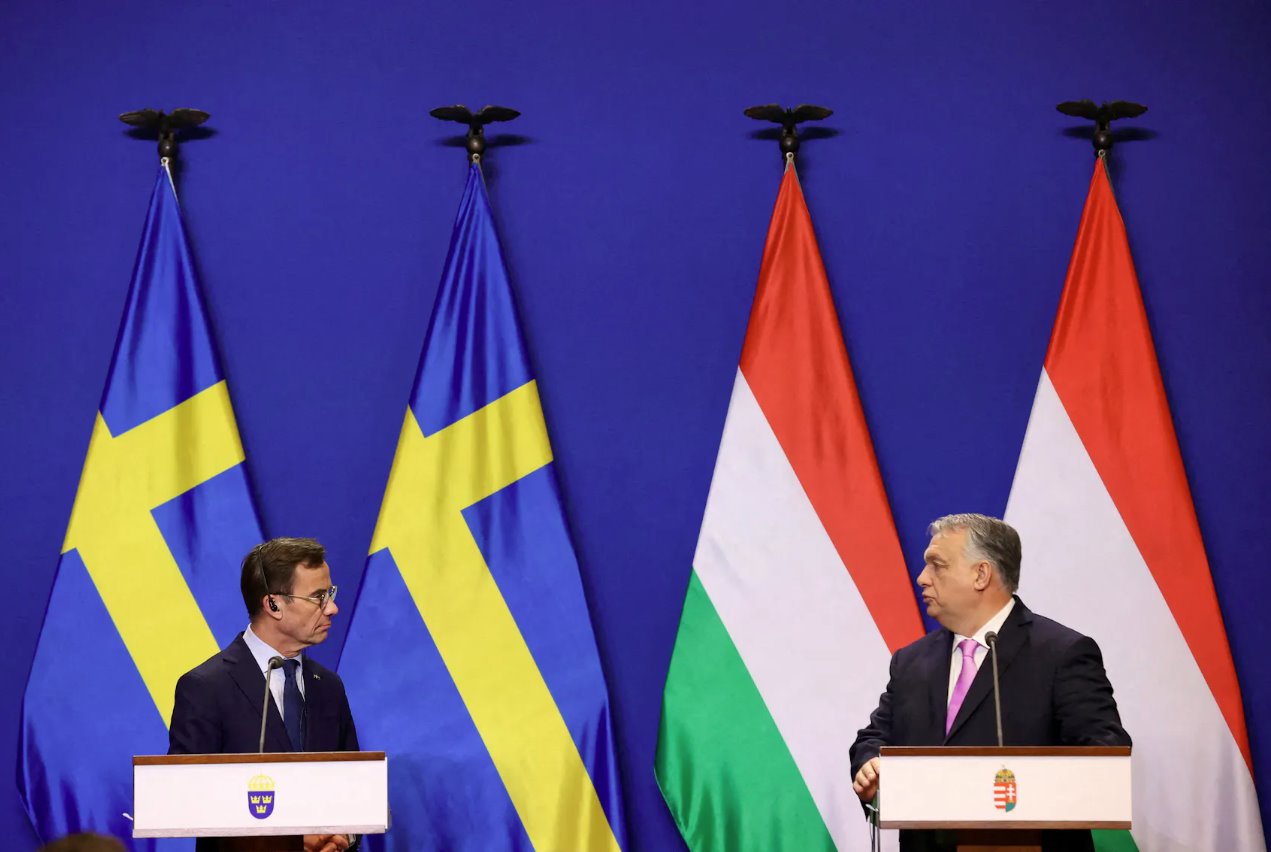 瑞典首相乌尔夫·克里斯特森和匈牙利总理维克托·欧尔班于2024年2月23日在匈牙利布达佩斯举行联合新闻发布会。