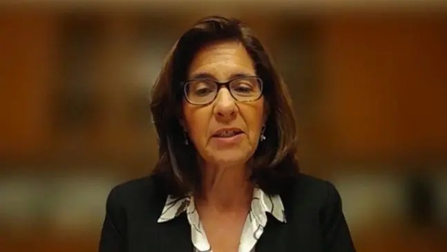 Mona Yacoubian 对着镜头讲话，她身后的背景很模糊