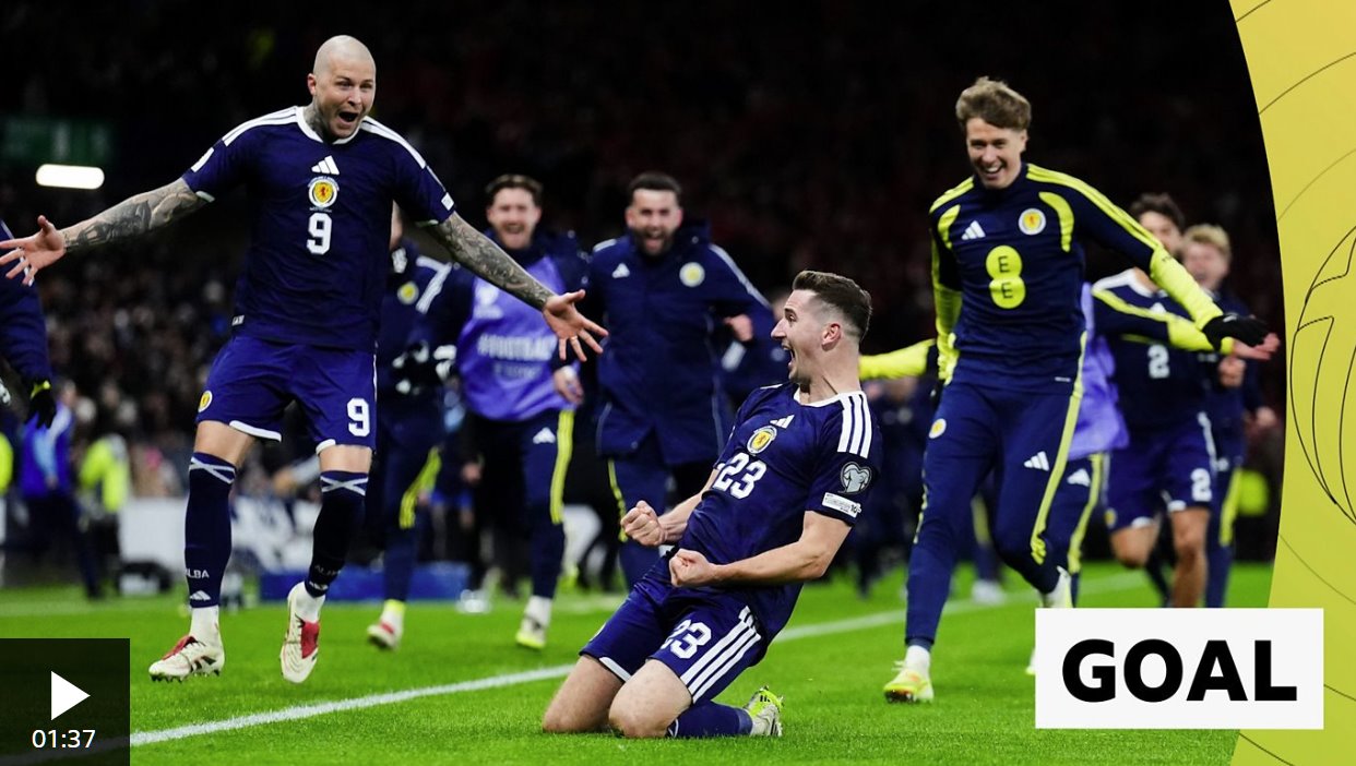 麦克莱恩中场远射破门，锁定苏格兰世界杯参赛资格。