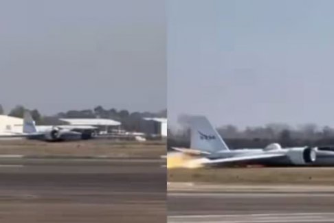 NASA飞机在德克萨斯州迫降现场烟雾弥漫火光冲天