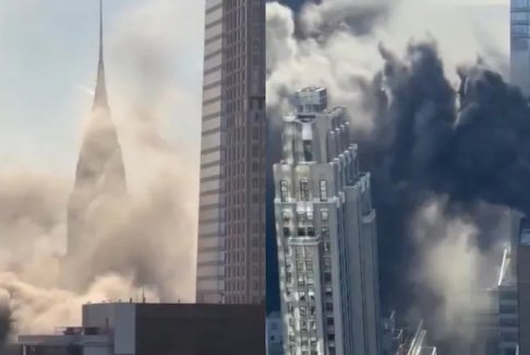 曼哈顿东43街靠近中央车站一栋大厦楼顶发生火灾